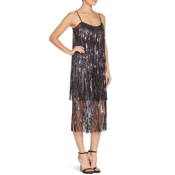 Dress the Population Sz. XS New Roxy Tiered Fringe Sequin Dress Holiday Party - Picture 2 of 16